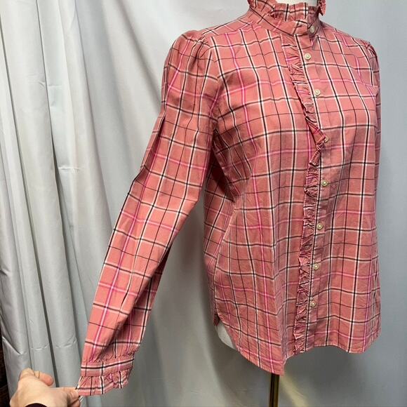 Loft Plaid Ruffle Button Up Blouse Pink Long Sleeve Women SP Preppy Spring‎ New - Picture 6 of 15
